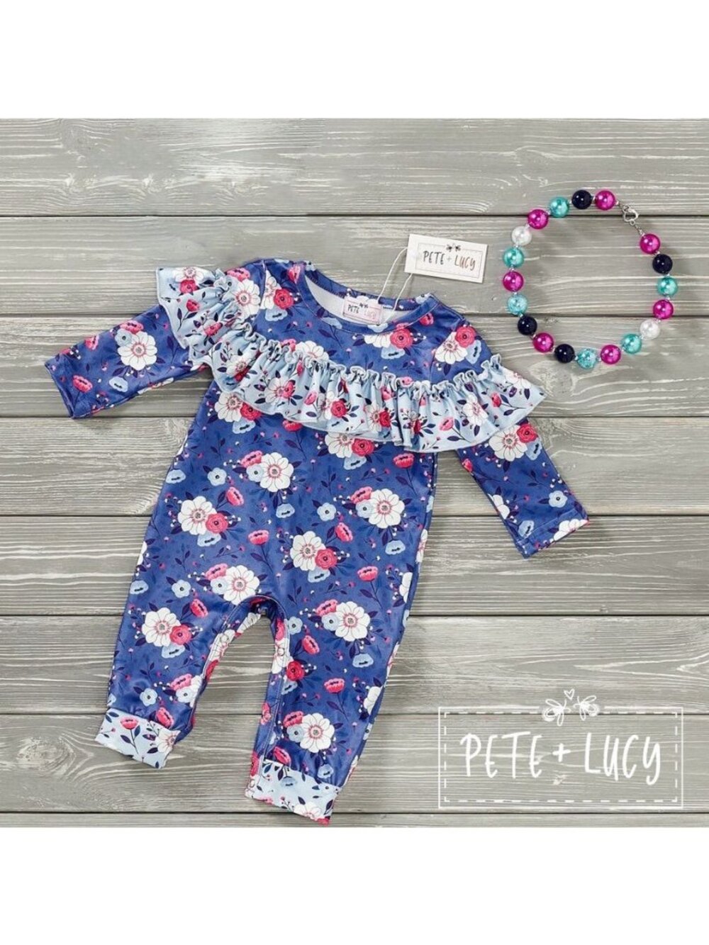Pete + Lucy Girls Romper 9-12M Country Denim Floral Blue Ruffles New